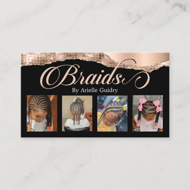 Braids Hair Braiding Stylist Salon Rose Gold Photo Business Card (Front)
