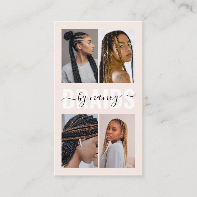 Braids Handwritten Script Elegant Blush Pink Photo Business Card (Front)