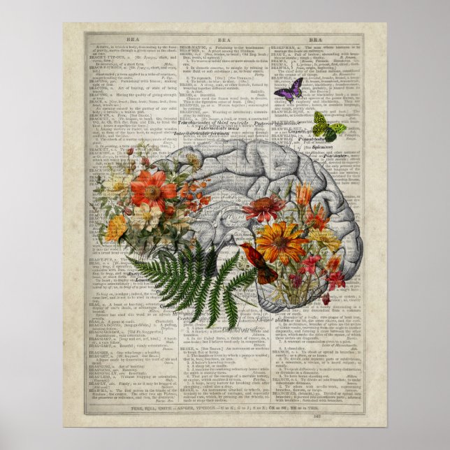 Brain Anatomy Dictionary Art with Flowers Poster (Front)