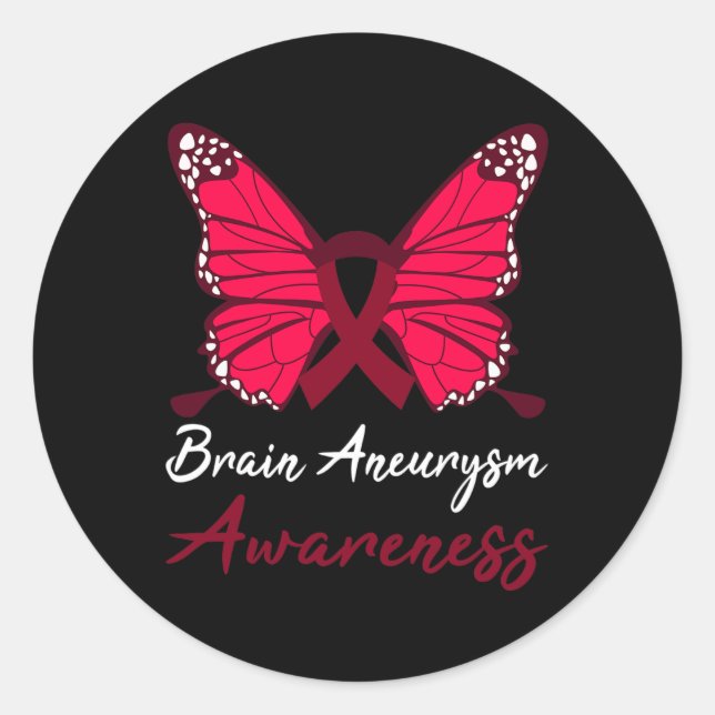 Brain Aneurysm Awareness Butterfly Burgundy Ribbon Classic Round Sticker (Front)