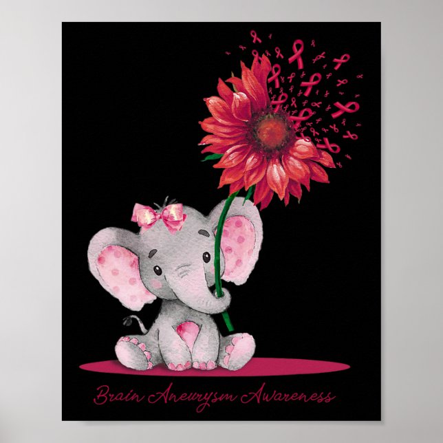 Brain Aneurysm Awareness Cute Elephant Sunflower B Poster (Front)