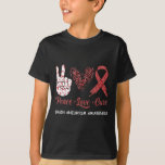 Brain Aneurysm Awareness Peace Love Cure Leopard 1 T-Shirt<br><div class="desc">Brain Aneurysm Awareness Peace Love Cure Leopard 1</div>