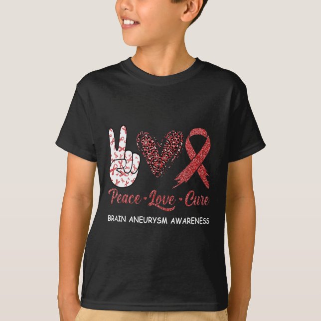 Brain Aneurysm Awareness Peace Love Cure Leopard 1 T-Shirt (Front)
