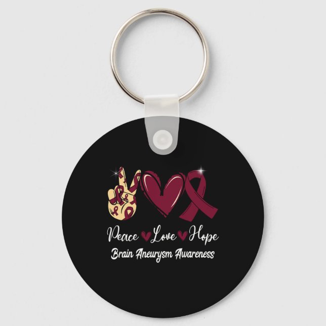 Brain Aneurysm Awareness Peace Love Hope Burgundy  Keychain (Front)