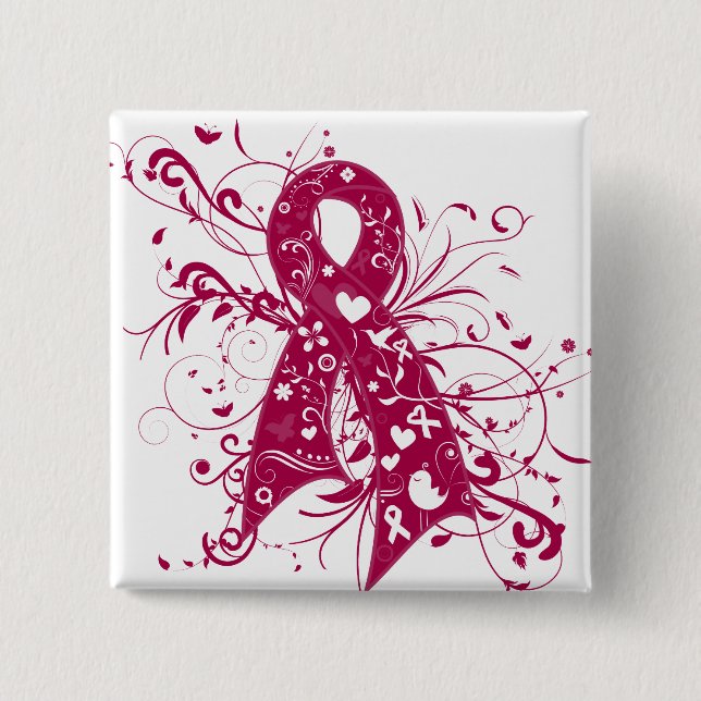 Brain Aneurysm Floral Swirls Ribbon 2 Inch Square Button (Front)