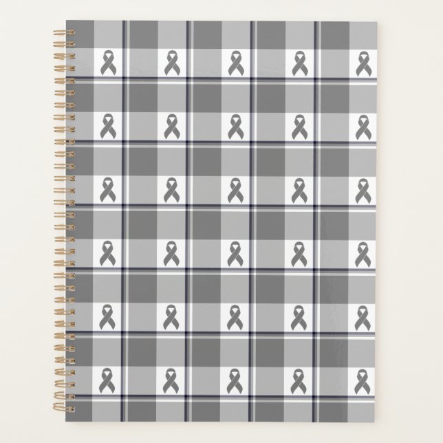 Brain Cancer Awareness Plaid Gray Ribbon Planner (Front)