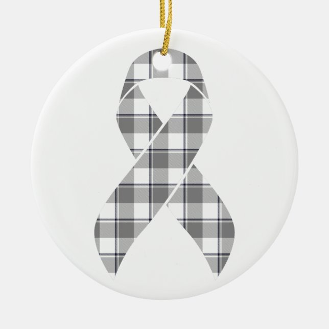Brain Cancer Awareness Plaid Gray Ribbon Survivor Ceramic Ornament (Front)