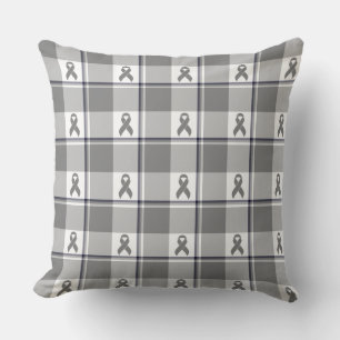 Brain Cancer Awareness Plaid Gray Ribbon Throw Pillow