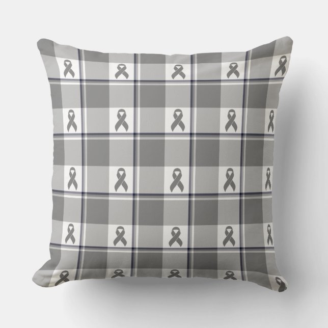 Brain Cancer Awareness Plaid Gray Ribbon Throw Pillow (Front)