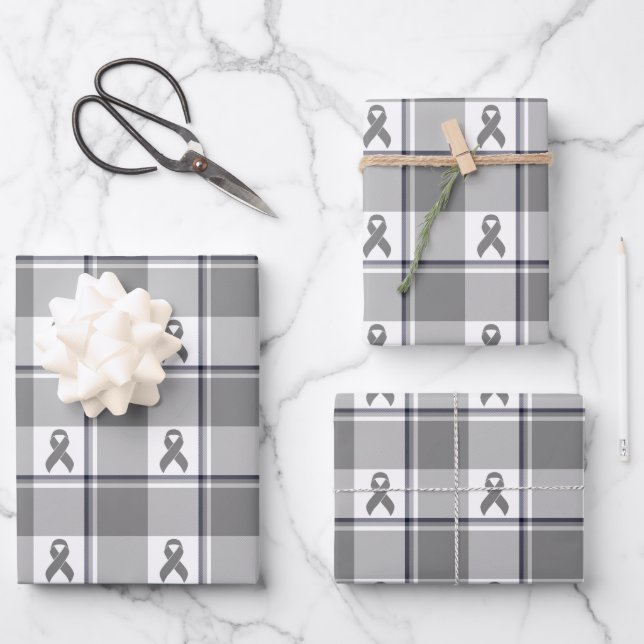 Brain Cancer Awareness Plaid Gray Ribbon Wrapping Paper Sheet (Front)