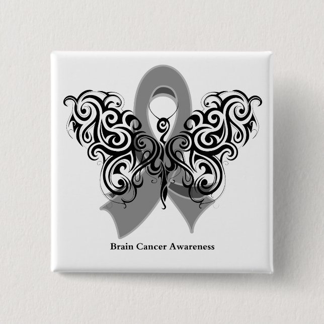 Brain Cancer Tribal Butterfly Ribbon 2 Inch Square Button (Front)