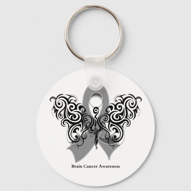 Brain Cancer Tribal Butterfly Ribbon Keychain (Front)