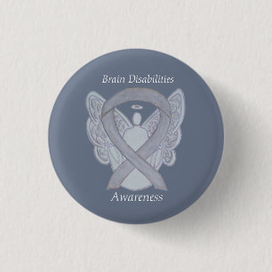 Brain Disabilities Silver Awareness Ribbon Angel 1 Inch Round Button