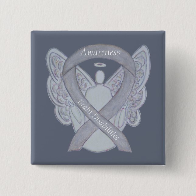 Brain Disabilities Silver Awareness Ribbon Angel 2 Inch Square Button (Front)