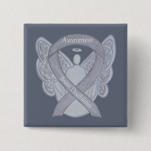 Brain Disabilities Silver Awareness Ribbon Angel 2 Inch Square Button