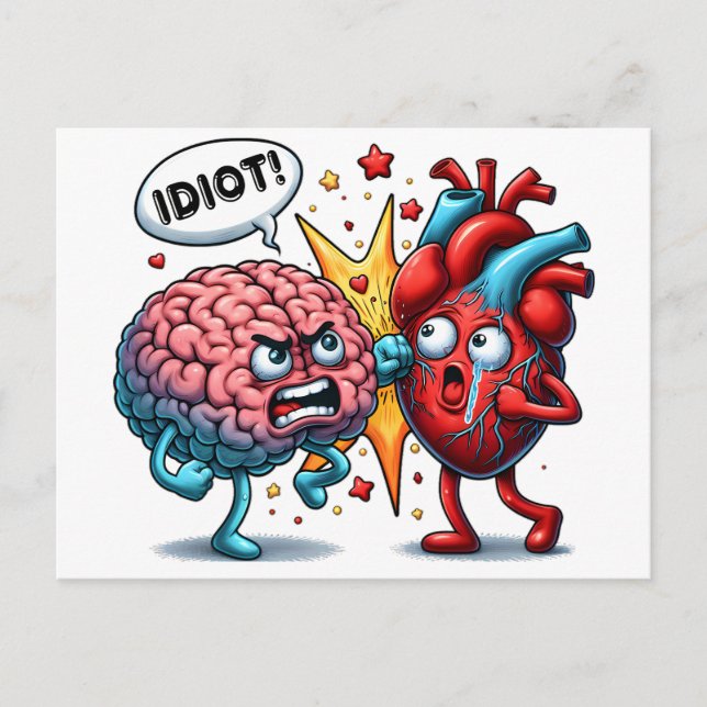Brain vs heart funny emotions postcard (Front)