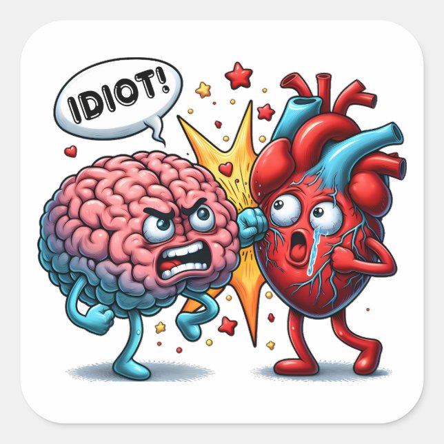 Brain vs heart funny emotions square sticker (Front)