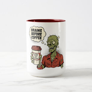 Brains Before Coffee Zombie Halloween Two-Tone Coffee Mug