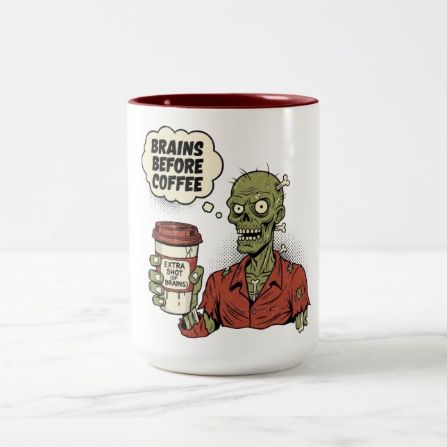 Brains Before Coffee Zombie Halloween Two-Tone Coffee Mug (Center)