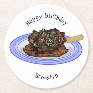 Braised lamb shank cartoon illustration Round Paper Coaster