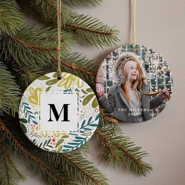 Bramble | Botanical Custom Monogram Photo Ceramic Ornament (Watercolor botanical bramble family monogram photo ornament)