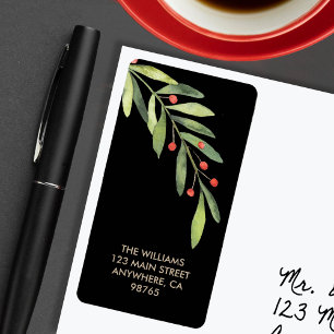 Branch and Berries Black Christmas Return Address Label