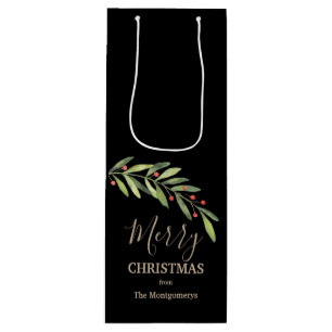 Branch and Berries Merry Christmas Black Wine Gift Bag