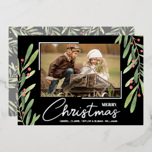 Branch and Berries on Black Christmas Photo Foil Holiday Card