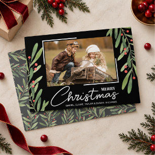 Branch and Berries on Black Christmas Photo Foil Holiday Card