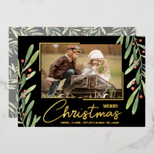 Branch and Berries on Black Christmas Photo Gold Foil Holiday Card