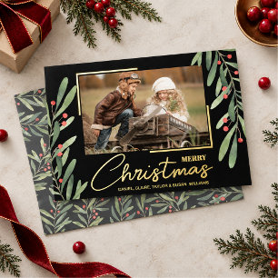 Branch and Berries on Black Christmas Photo Gold Foil Holiday Card