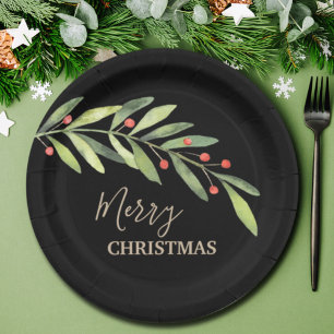 Branch Berries on Black Christmas Paper Plate