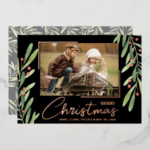 Branch Berries on Black Christmas Photo Rose Gold Foil Holiday Card