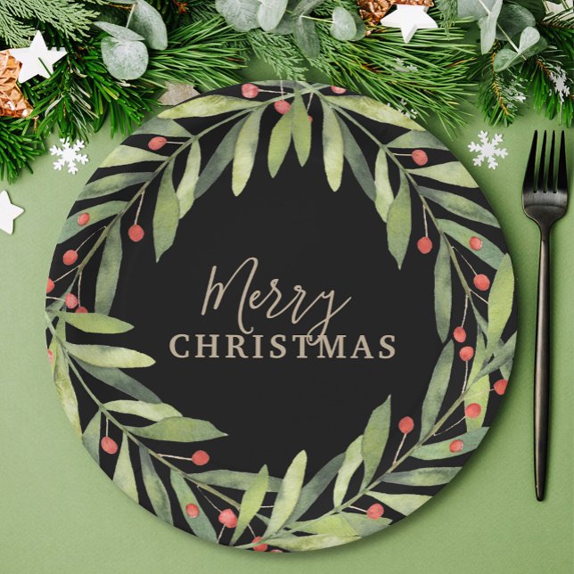 Branch Berries on Black Merry Christmas Paper Plate (Branch and berries on black Merry Christmas paper plates)