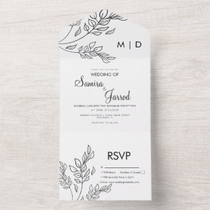 Branch Foliage Hand Drawn Black White Wedding    All In One Invitation