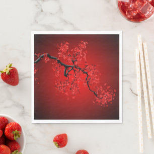 Branch of Cherry Blossoms on Red Background Paper Napkin