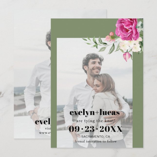 Branch pink rose and white flowers photo wedding save the date (Front/Back)