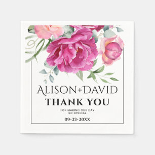 Branch, pink rose flowers and typography wedding napkin