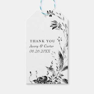Branch with black and white flowers wedding gift tags