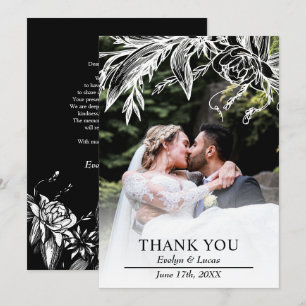 Branch with black and white flowers wedding photo  thank you card