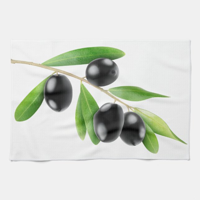 Branch with black olives kitchen towel (Horizontal)