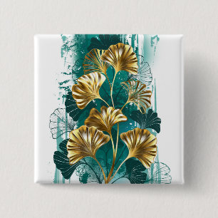 Branch with Golden Leaves Ginko Biloba 2 Inch Square Button