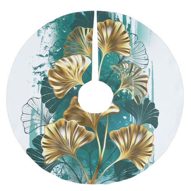 Branch with Golden Leaves Ginko Biloba Brushed Polyester Tree Skirt (Front)