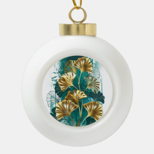 Branch with Golden Leaves Ginko Biloba Ceramic Ball Christmas Ornament