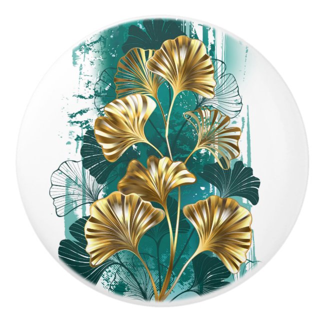 Branch with Golden Leaves Ginko Biloba Ceramic Knob (Front)