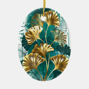 Branch with Golden Leaves Ginko Biloba Ceramic Ornament
