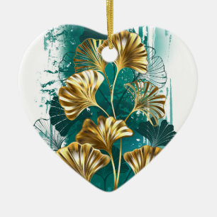 Branch with Golden Leaves Ginko Biloba Ceramic Ornament