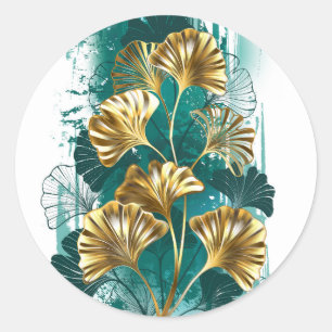 Branch with Golden Leaves Ginko Biloba Classic Round Sticker