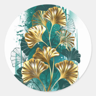 Branch with Golden Leaves Ginko Biloba Classic Round Sticker