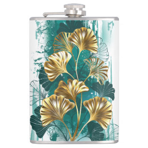 Branch with Golden Leaves Ginko Biloba Hip Flask